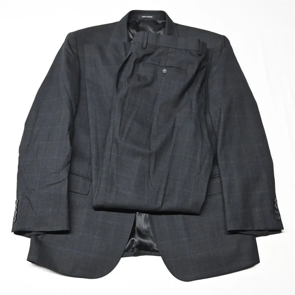 Kenneth Cole Awearness 46R 38x32 Black Check Wool Mens Suit